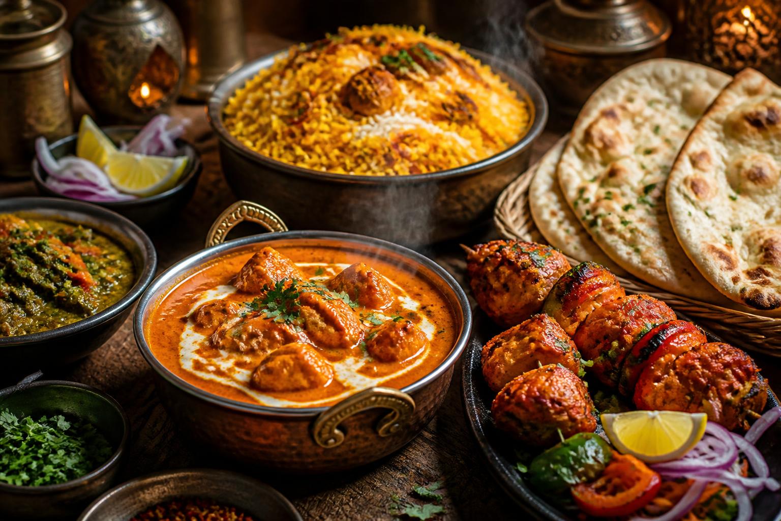 Specialità indiane appetitose: curry, naan e tandoori